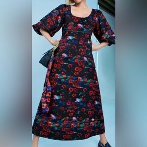 Rachel Comey Black and Red Floral Dress, 3/4 puff sleeves that taper at the arm